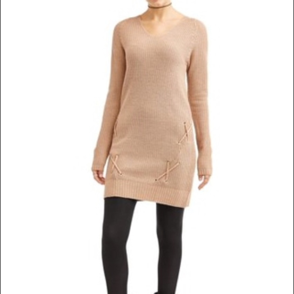 Tan V-Neck Sweater Dress